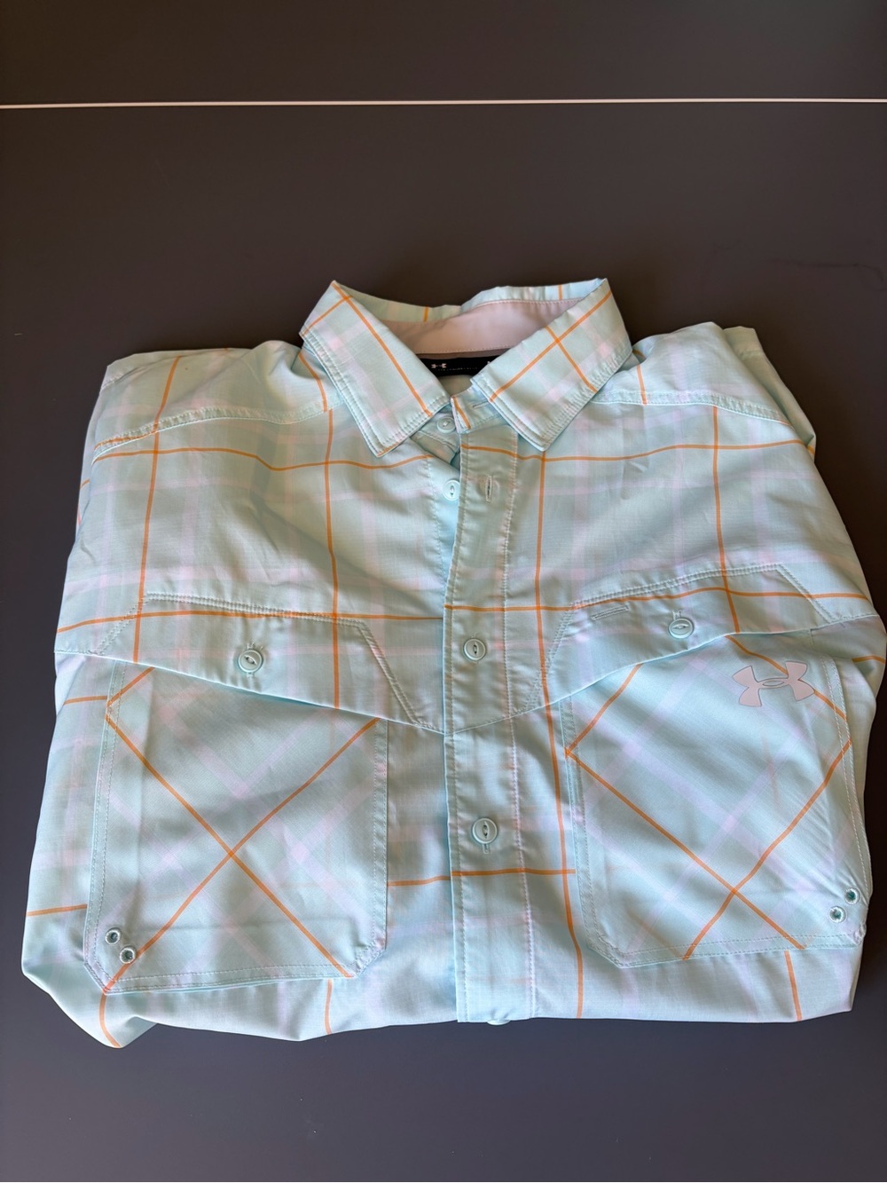 Under Armour Men’s Mint Green Plaid Button-Down Shirt with Orange Windowpane